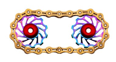 Beyaz zemin üzerinde altın bisiklet zinciri olan iki dağ bisikleti seramik makarası.