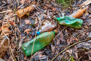 Çeşitli atık nesneleri su bitkileriyle karışmış halde gölette yüzerler.