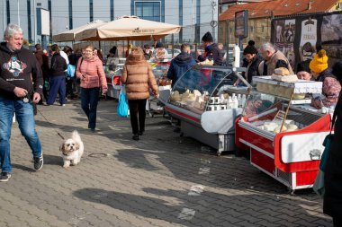 Sibiu, Romania - February 01, 2025. Outdoor Farmers Market in Sibiu with organic produce in a suny day