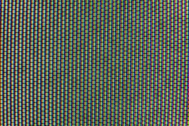 Analog TV Ekranı Yakın Doku. RGB noktasız desen, canlı kırmızı, yeşil, mavi renk parçaları aracılığıyla dijital ekran yapısını ortaya çıkarıyor