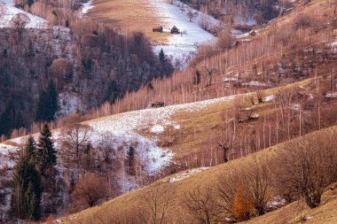 Romanya dağlarındaki güzel kış manzaraları, Fantanele köyü bölgesi, Sibiu ilçesi, Cindrel dağları, Romanya