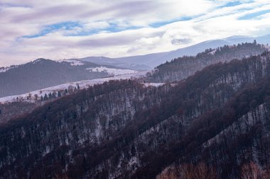 Romanya dağlarındaki güzel kış manzaraları, Fantanele köyü bölgesi, Sibiu ilçesi, Cindrel dağları, Romanya