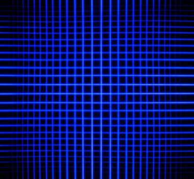 Mavi neon ışıkların yer aldığı minimalist iç mekan. Işıklar, karanlık bir arkaplan karşısında bir ızgara deseni oluşturuyor. Işık çok canlı, mavi parıltı serin, sakin bir ortam yaratıyor..