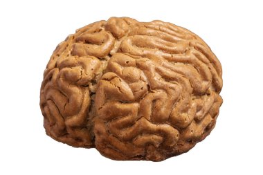 Gerçekçi, kahverengi, şeker kaplı beyin şekilli bir pasta. Pastanın yüzeyi insan beynine benzeyen karmaşık, katlanmış ve buruşuk dokularla detaylandırılmış..
