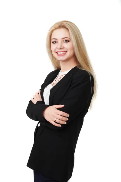 Boldog nő keresztbe fehér háttér — Stock Fotó