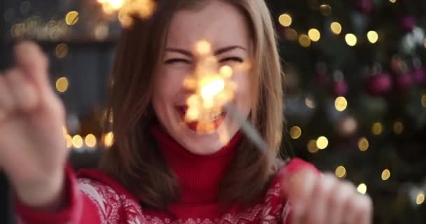 Vrouw viert Kerstmis met sterretje — Stockvideo