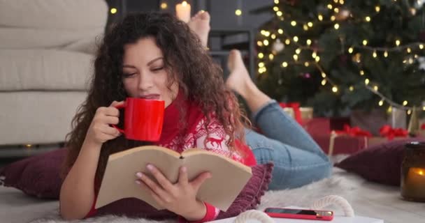 Livre de lecture femme et boire du café la veille de Noël — Video