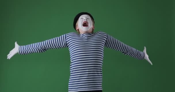 Excited mime artist celebrating success — Stock Video
