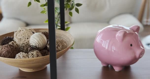 Woman inserting coins into piggy bank — Stock Video