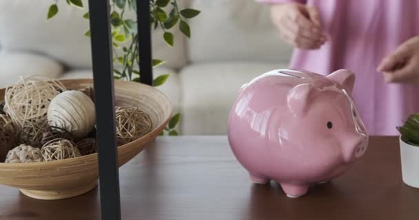 Woman inserting coin into piggy bank — Stock Video