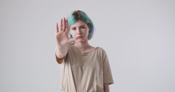 Woman making stop sign with palm of hand — Stock Video