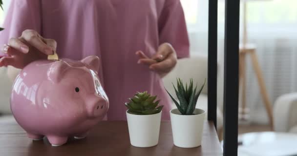 Mujer insertando moneda en alcancía y utilizando el teléfono móvil — Vídeos de Stock