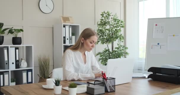 Affärskvinna pratar i telefon när han arbetar på kontoret — Stockvideo