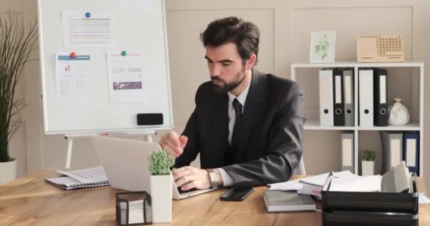 Homme d'affaires travaillant sur ordinateur portable au bureau — Video