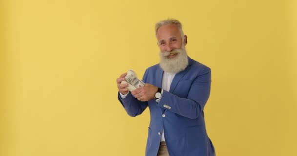 Delighted businessman holding bundle of cash — Stock Video