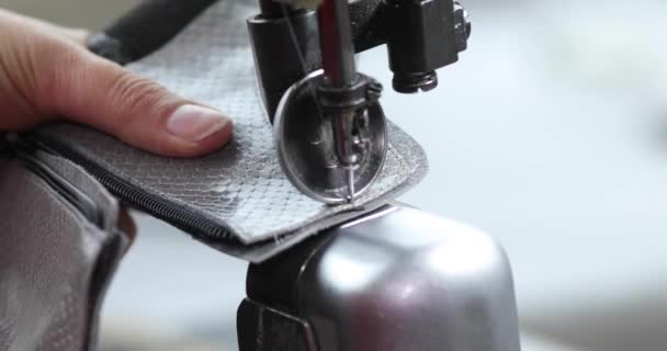 靴を縫うミシンのビュー 女性の手スレッドで工場で働いています — ストック動画