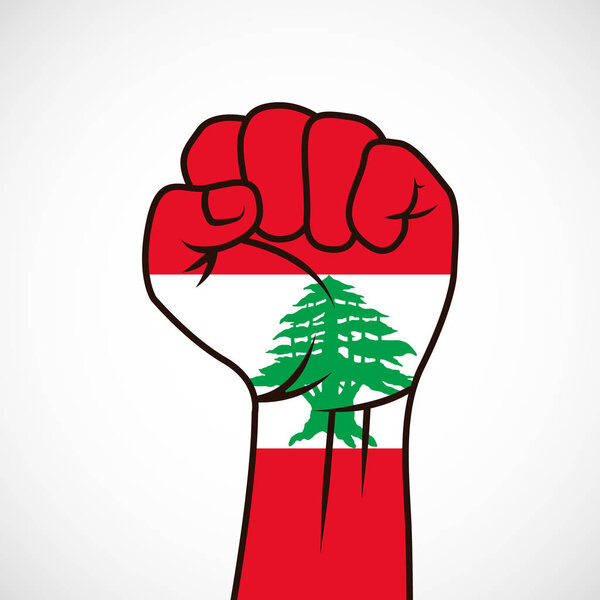 Fist with lebanon flag on white isolated on white background, vector, illustration
