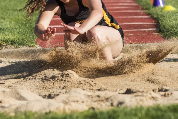 Close Young Female High School Long Triple Jumper Landing Violently — Stock Photo, Image