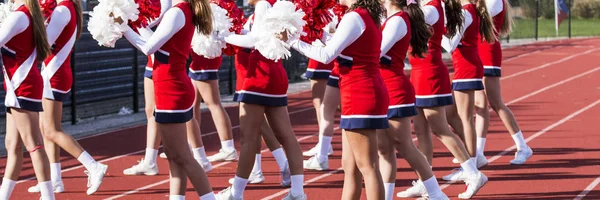 High School Cheerleading Squd Cheering Fans Stands Homecoming Football Game — Stock Photo, Image