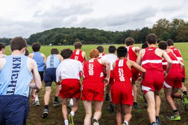 Bronx, yeni Yotk, ABD - 13 Ekim 2018: yüksek okul çocukları tepelere Vancortlandt Park başlığında bir çapraz ülke yarış başlıyor.