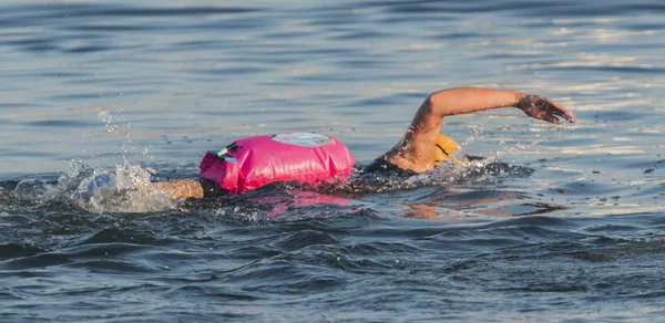 安全のため彼女の背中にピンクの Floataiong デバイスに入り江で泳ぐ女子水泳選手 — ストック写真