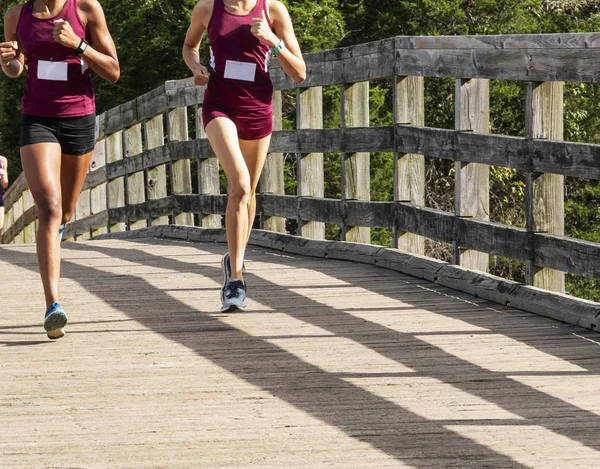 Duas meninas correndo corrida sobre ponte de madeira — Fotografia de Stock