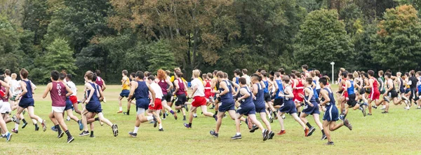 Meninos do ensino médio cross country corrida início — Fotografia de Stock
