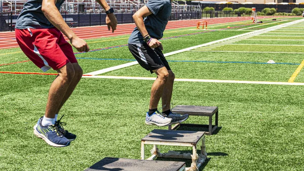 Two boys doing box jumps on a green turf field