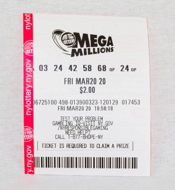 Babylon, New York, USA - 11 April 2020: A losing Mega Millions ticket for the March 20 drawing wih a whith background. clipart