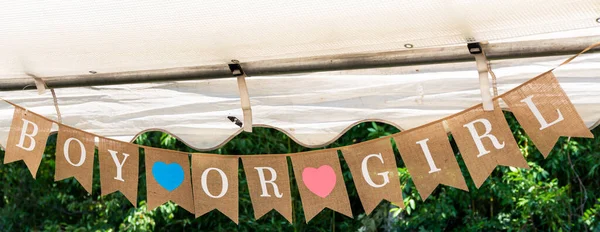 Decorative flags hanging from a backyard tent during a gender reveal baby party.