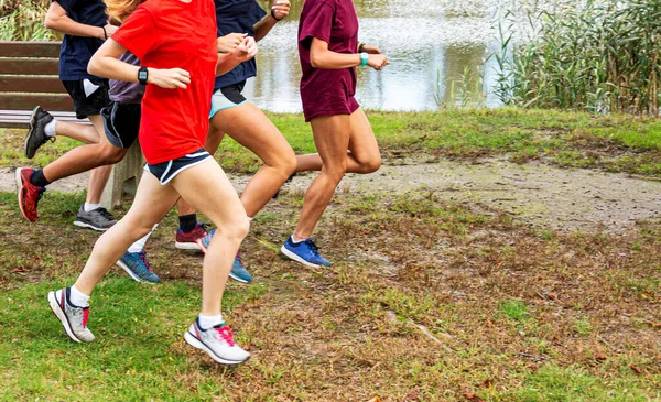 Vista Lateral Grupo Corredores Cross Country Ensino Médio Treinando Parque — Fotografia de Stock