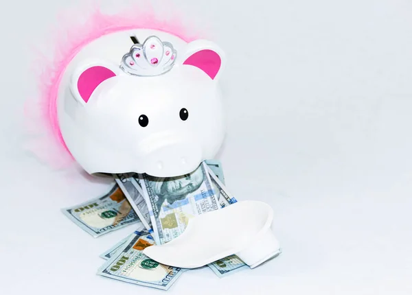 Front View White Piggy Bank Pink Ears Tutu Broken One — Stock Photo, Image