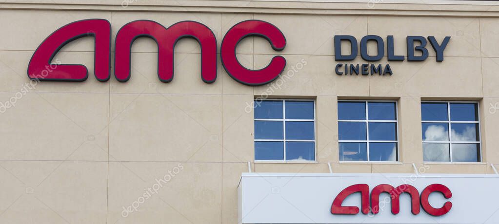 East Northport, New York, USA - 1 September 2020: The outside of an AMC Dolby cinema movie theater building.