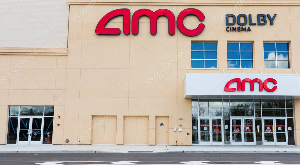 East Northport, New York, USA - 1 September 2020: An AMC movie theater building is empty due to the social distancing requirments in New York because of COVID-19 coronavirus pandemic.