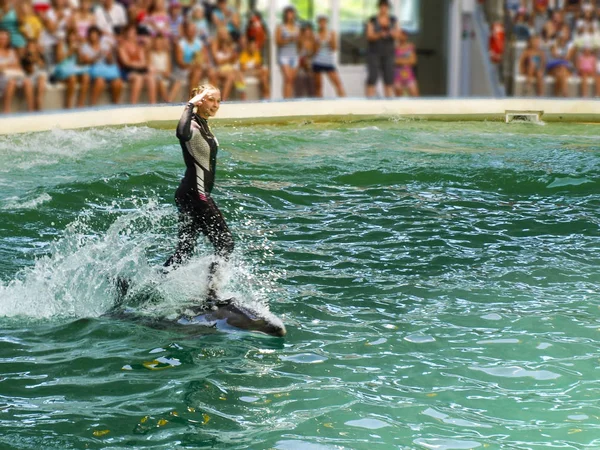 Evpatoria, Ucrânia. 07 26 2013. Show para crianças com golfinhos e pessoas no golfinário — Fotografia de Stock