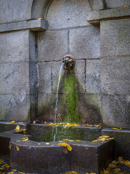 The tap from which water flows. The water is clean and clear for drinking. The crane is made in a stone wall