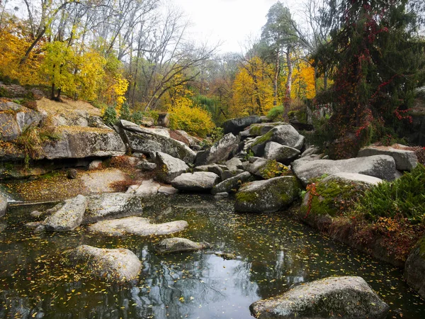 Cachoeira de rio de montanha na floresta de outono com folhas caídas — Fotografia de Stock