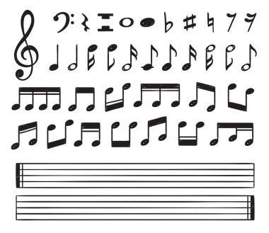 Müzik notlar koleksiyonu. Beyaz arka plan üzerinde izole elle çizilmiş müzik notlar. Boş porteler dahil. Vektör çizim.