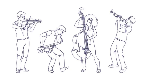 Jazzmusiker Illustrieren Durchgehenden Zeichenstil Dynamisches Und Minimalistisches Design Isolierte Charaktere — Stockvektor