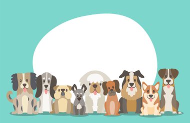 Ön görünüm pozisyon oturan köpek sürüsü. Arka plan illüstrasyon yuvarlak boş yere metin eklemek için top ile. Vektör çizim.