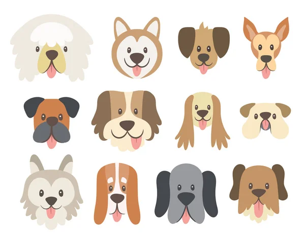 Köpek toplama yüzler. Sevimli çizgi köpek onların dil ile karşı karşıyadır. Avatar simge seti. Vektör çizim.