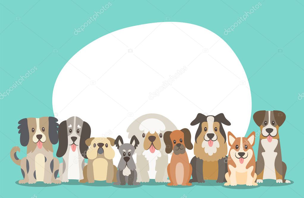 Herd of dogs sitting in front view position. Background illustration with round blank space in the top for adding text. Vector illustration.