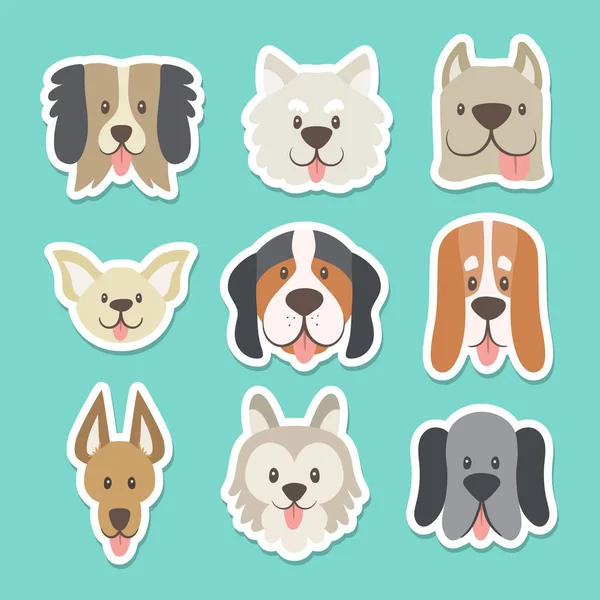 Niedliche Sticker Kollektion Mit Verschiedenen Hundeköpfen Cartoon Stil Vektorillustration — Stockvektor