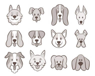 El köpek yüzler koleksiyonu çekilmiş. Avatar simge seti üzerinde beyaz izole. Vektör çizim.