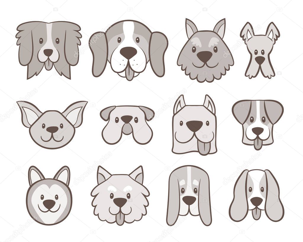 Hand drawn dog faces collection. Avatar icon set isolated on white. Vector illustration.