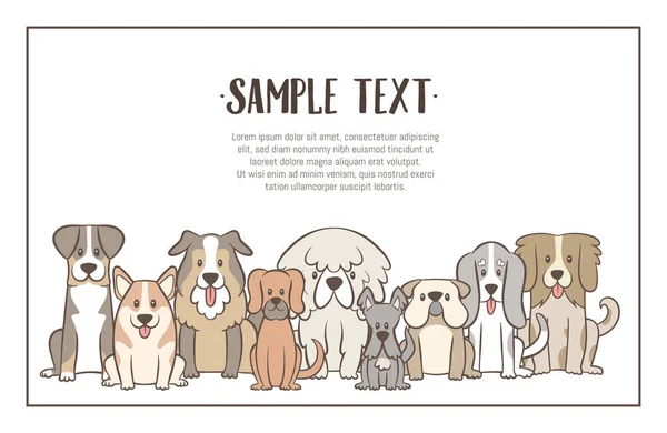 Hundeherde Mit Beispieltext Handgezeichneten Illustrationshintergrund Saß Hunde Frontansicht Position Vektorillustration — Stockvektor