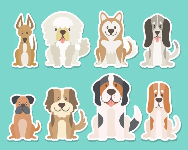 Colección Pegatinas Diferentes Tipos Perros Perros Sentados Posición Vista Frontal — Vector de stock