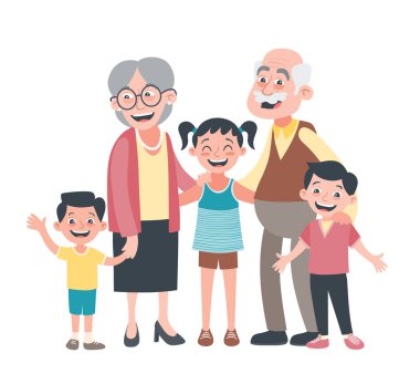 Dedesi ve üç torun portre. Büyükbaba ve Büyükanneler Günü kavramı. Vektör çizim karikatür tarzı, beyaz arka plan üzerinde izole. 