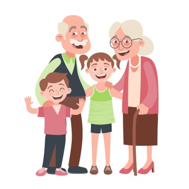 Büyükanne ve büyükbaba, granddraughter ve torunu portre. Mutlu Büyükbaba ve Büyükanneler Günü kavramı. Vektör çizim karikatür tarzı, beyaz arka plan üzerinde izole. 