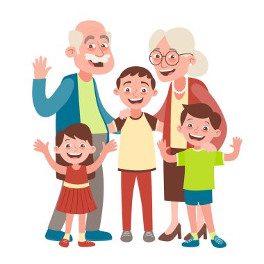 Büyükanne ve büyükbaba, torunu ve iki torun portre. Mutlu Büyükbaba ve Büyükanneler Günü kavramı. Vektör çizim karikatür tarzı, beyaz arka plan üzerinde izole. 